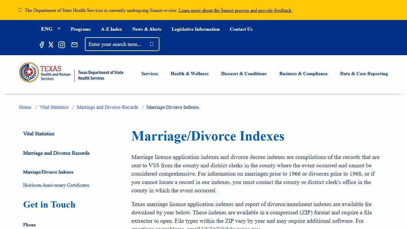 Marriage/Divorce Indexes | Texas DSHS